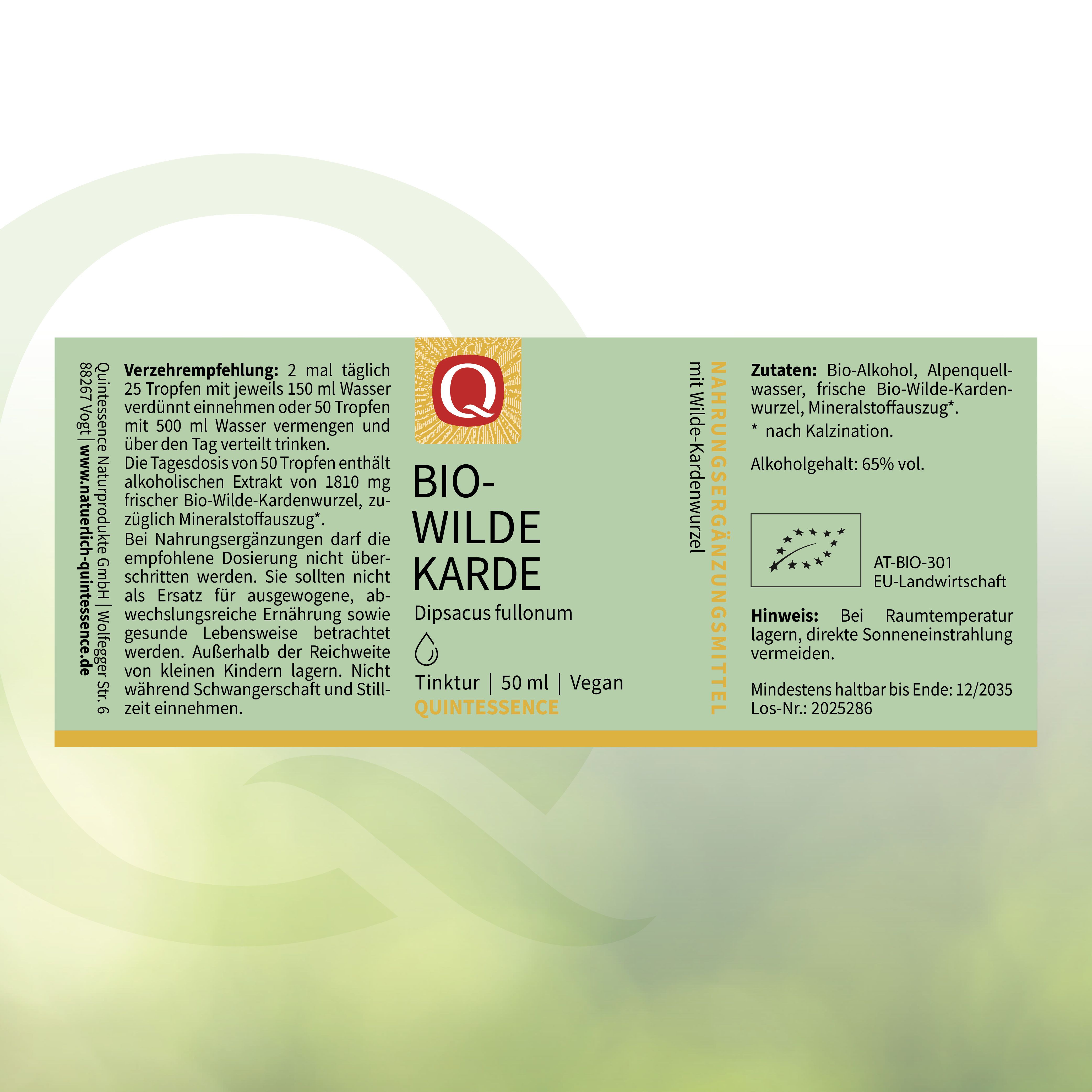 Rückseite Quintessence Bio-Wilde Karde Tinktur. Enthält Verzehrempfehlung, Zutaten, Alkoholgehalt und Haltbarkeitsdatum.