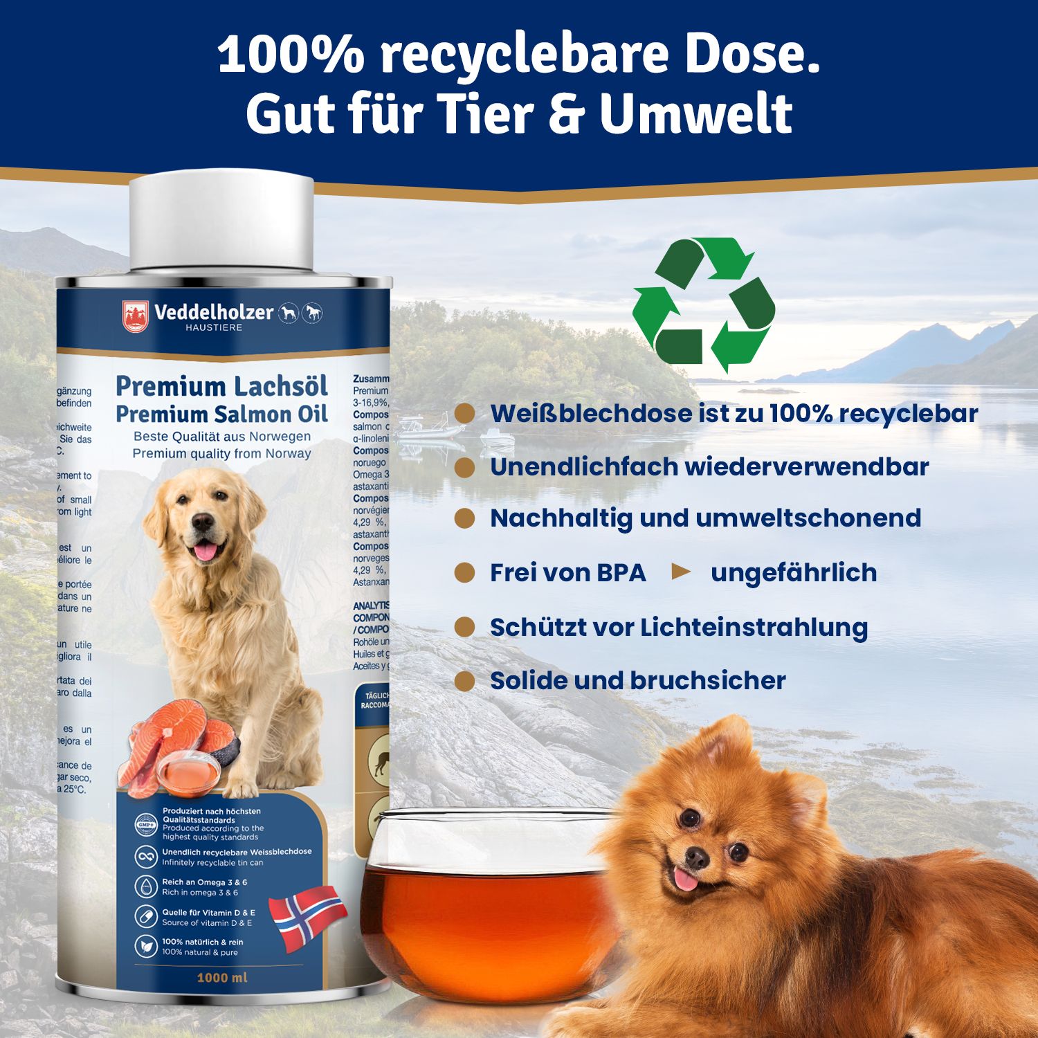 Dose mit Aufschrift Premium Lachsöl. Ein Hund und ein Glas Öl. Text: 100% recyclebare Dose. Gut für Tier & Umwelt. Recycling-Symbol.