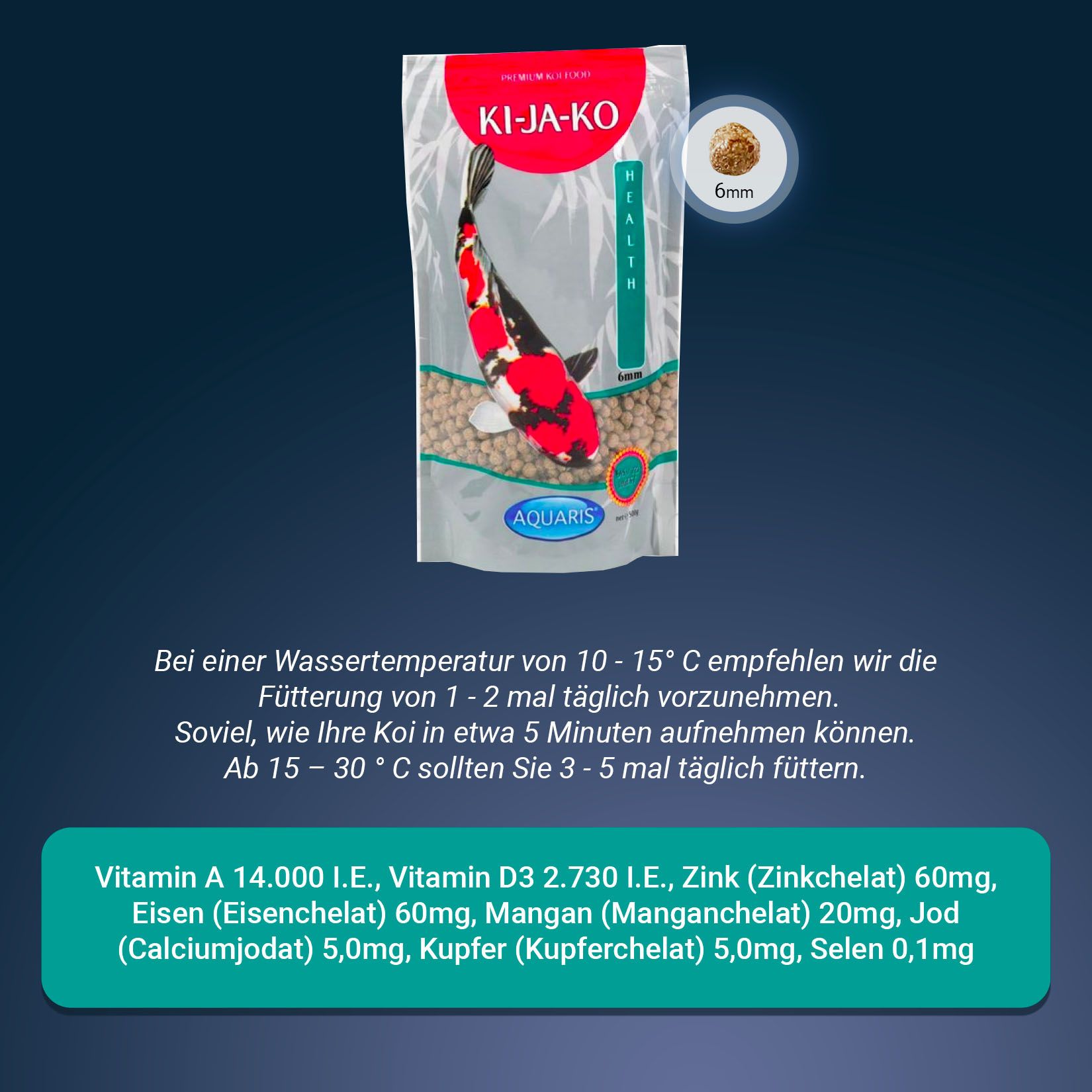 Verpackung von KI-JA-KO Koifischfutter Health 6 mm. Rote und transparente Verpackung mit Koi-Fisch-Illustration.