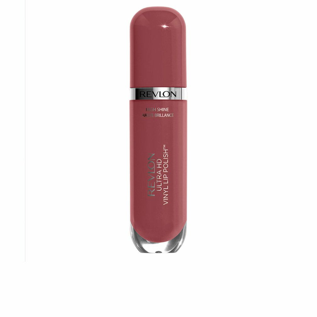 Revlon Ultra HD Vinyl Lip Polish. Rosa-farbener Lipgloss in länglicher Flasche mit silbernem Ring und Deckel. Produktname sichtbar.