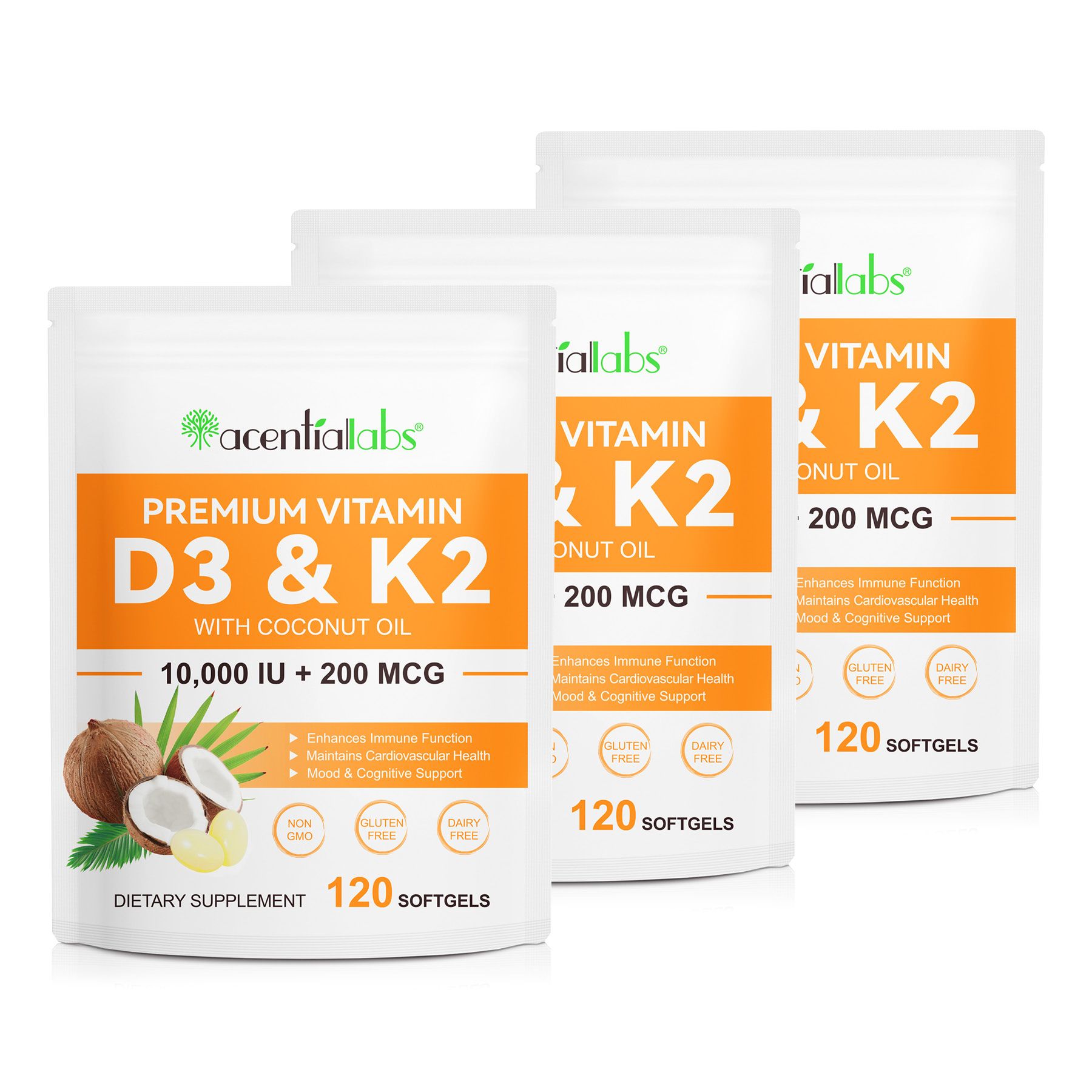 Acentiallabs Vitamin D3 + K2 mit 10,000 IE 200 mcg (Mk7) Premium Softgels 3x120 St Weichkapseln