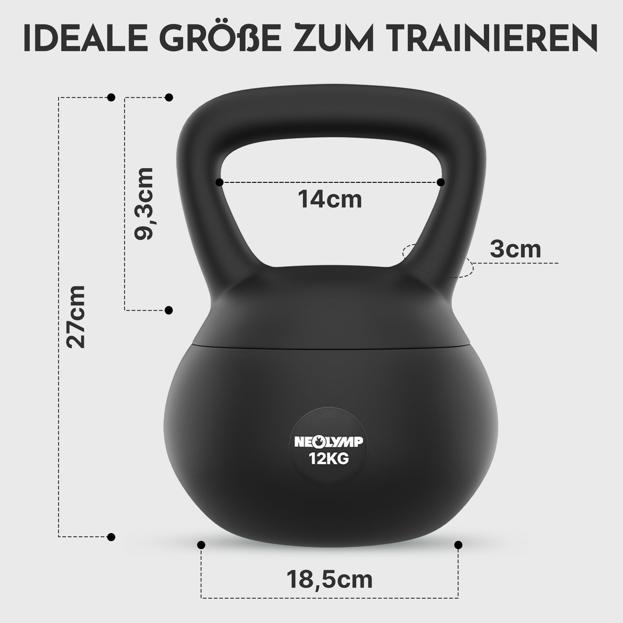 Schwarze Kettlebell 12 kg. Maße: 27cm hoch, 18,5cm breit. Griff: 14cm breit, 9,3cm hoch, 3cm tief.