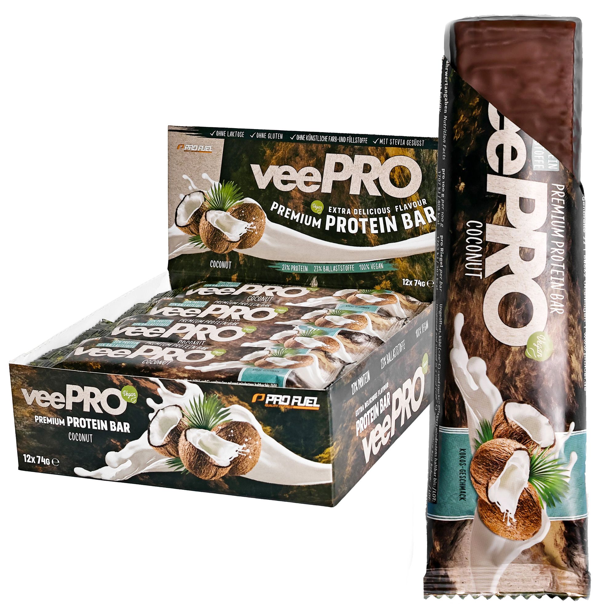 ProFuel - veePRO Proteinriegel - Kokosnuss - 27% Protein, ballaststoffreich, zuckerarm & 100% vegan