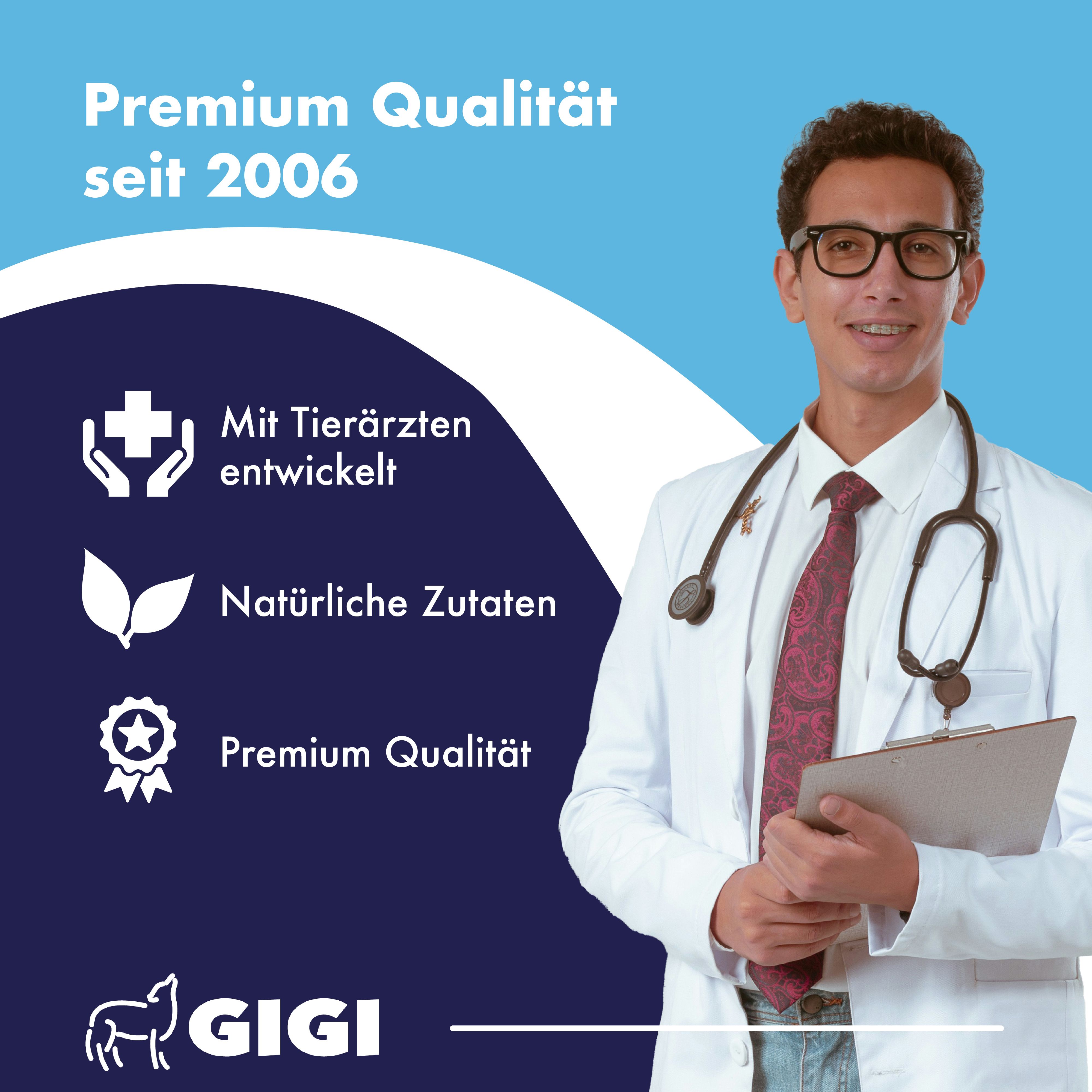 Arzt mit Stethoskop hält Klemmbrett. Icons: Mit Tierärzten entwickelt, natürliche Zutaten, Premium Qualität.