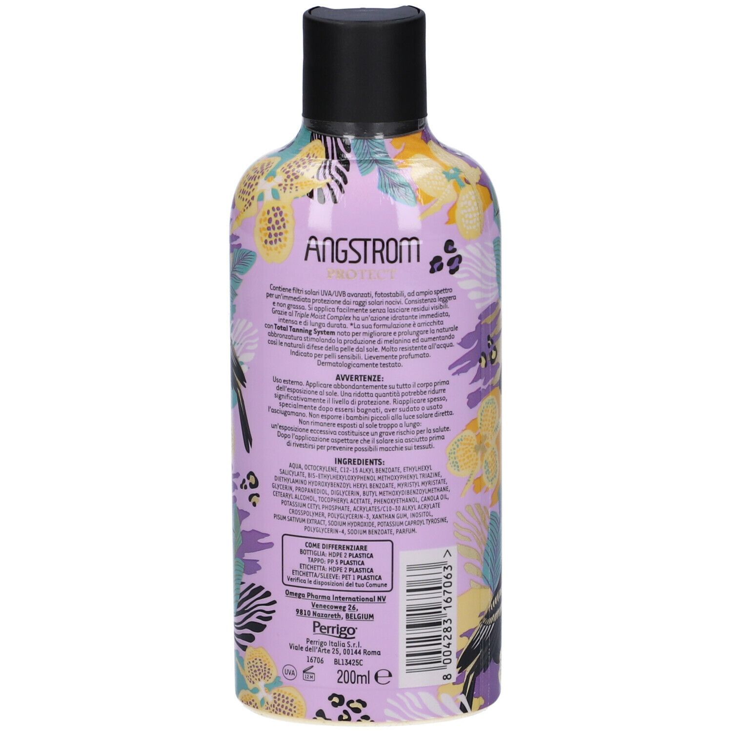 Retro del flacone Angstrom Protect. Testo, ingredienti, informazioni produttore, 200ml.