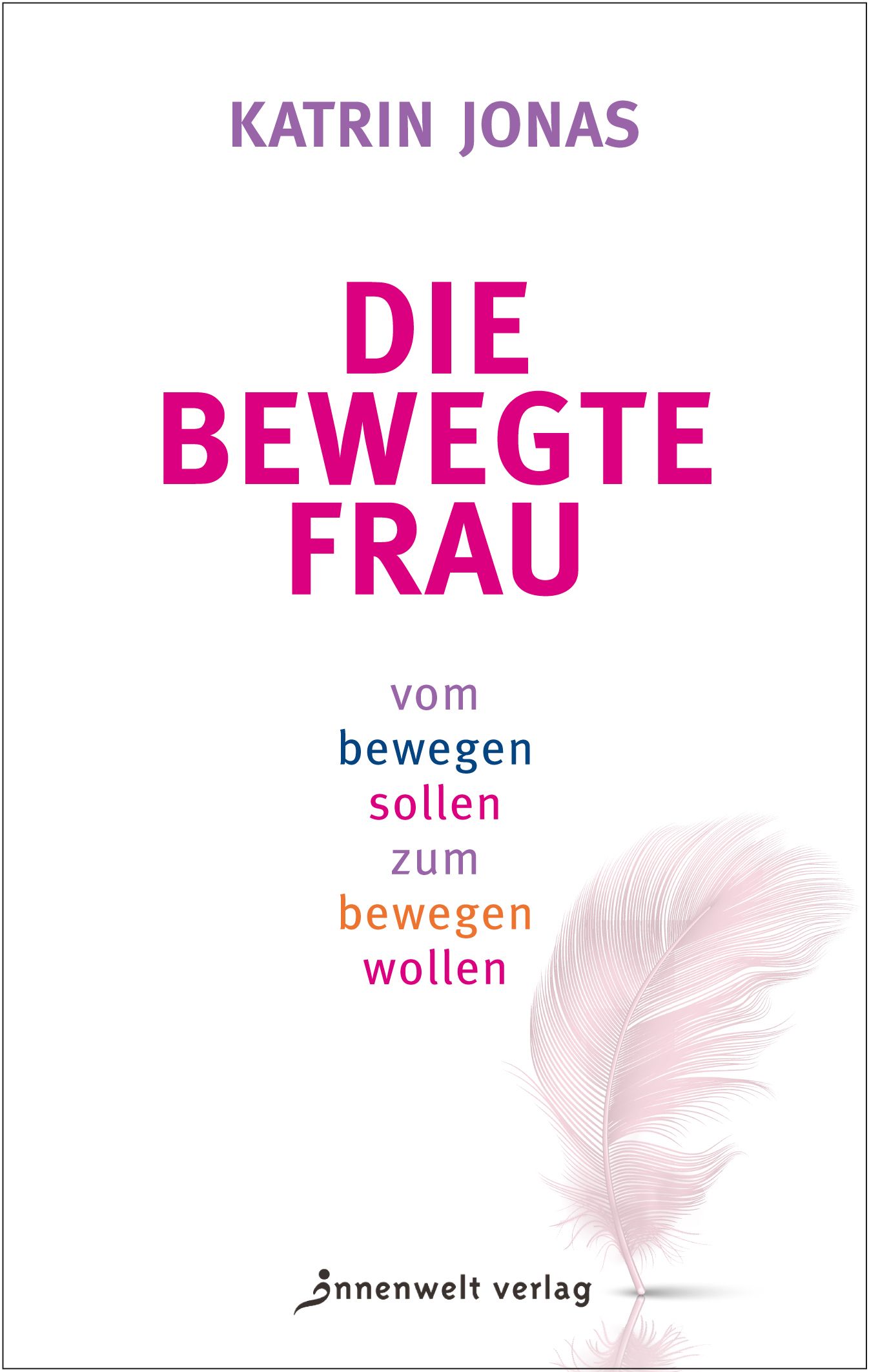 Buchcover: „Die bewegte Frau“ von Katrin Jonas. Titel in Pink, darunter Text in Blau und Orange. Feder-Illustration.