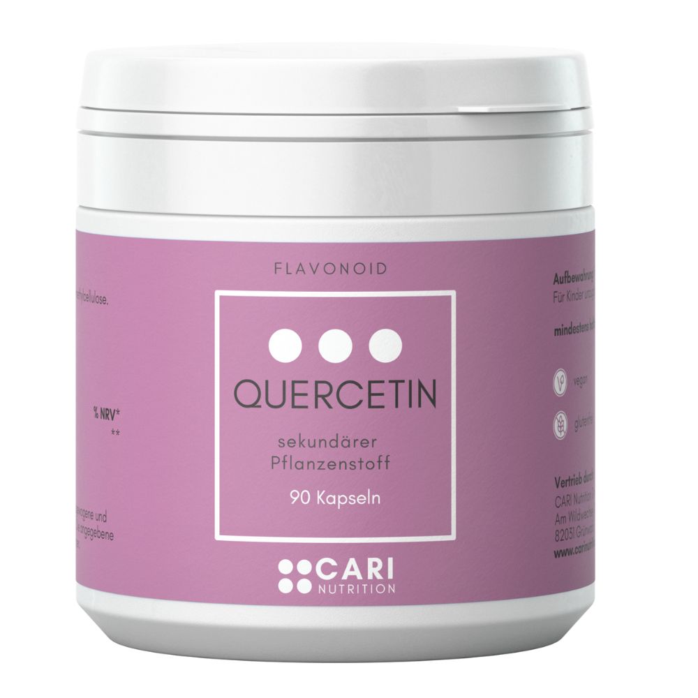 Weiße Dose mit rosa Etikett. Aufschrift: Quercetin, sekundärer Pflanzenstoff, 90 Kapseln. Marke: CARI Nutrition.