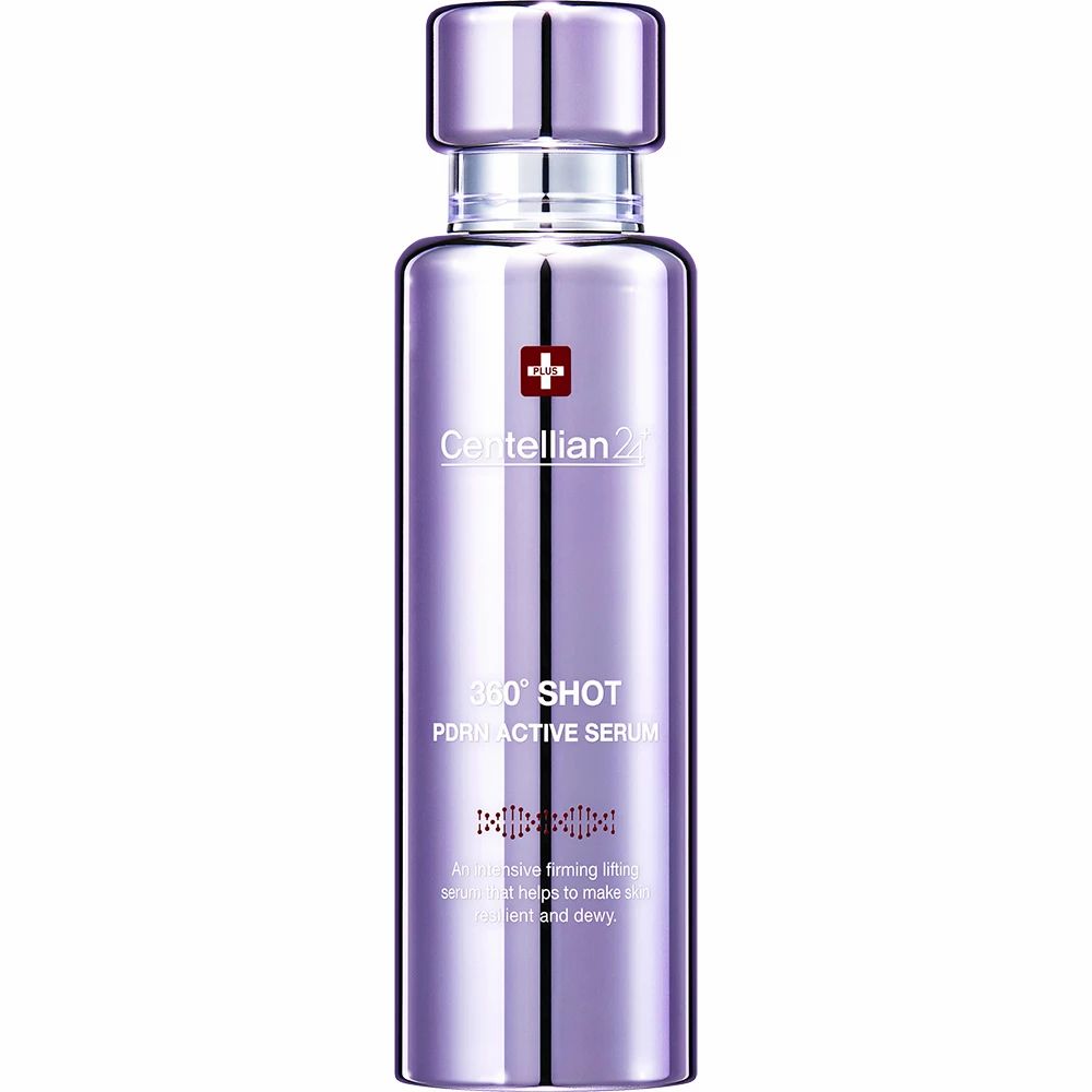 Zylindrische Flasche mit silbernem Deckel. Aufschrift: CENTELLIAN24, 360° SHOT PDRN ACTIVE SERUM. Rote Kreuz-Logo.