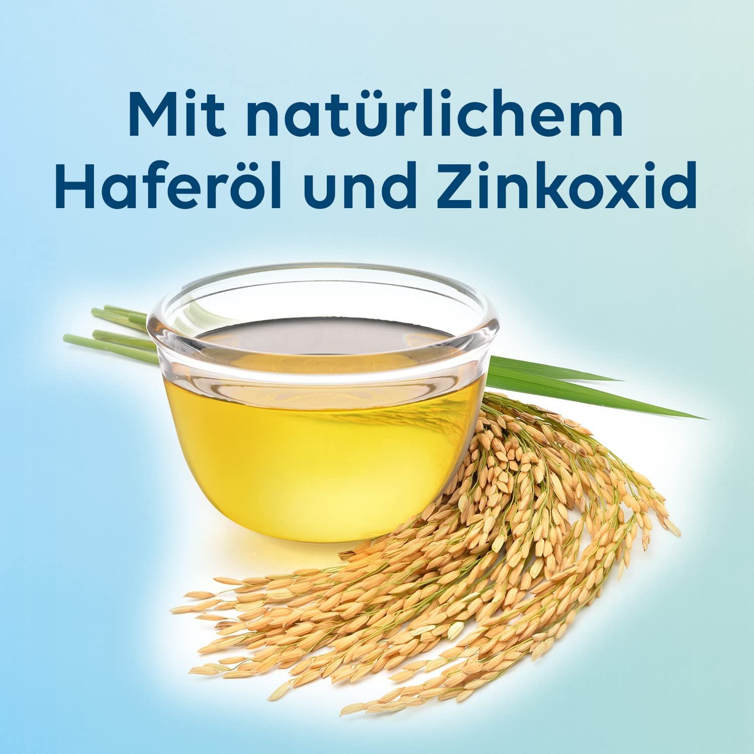 Schüssel mit Öl, daneben Ähren und Gräser. Text: Mit natürlichem Haferöl und Zinkoxid.