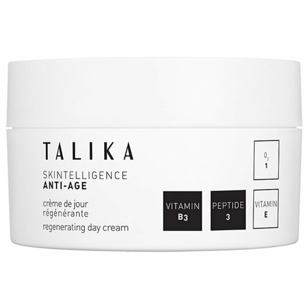 Weißer Tiegel mit Aufschrift TALIKA, SKINTELLIGENCE ANTI-AGE, Regenerating Day Cream. Enthält Vitamin B3, Peptid 3, Vitamin E.