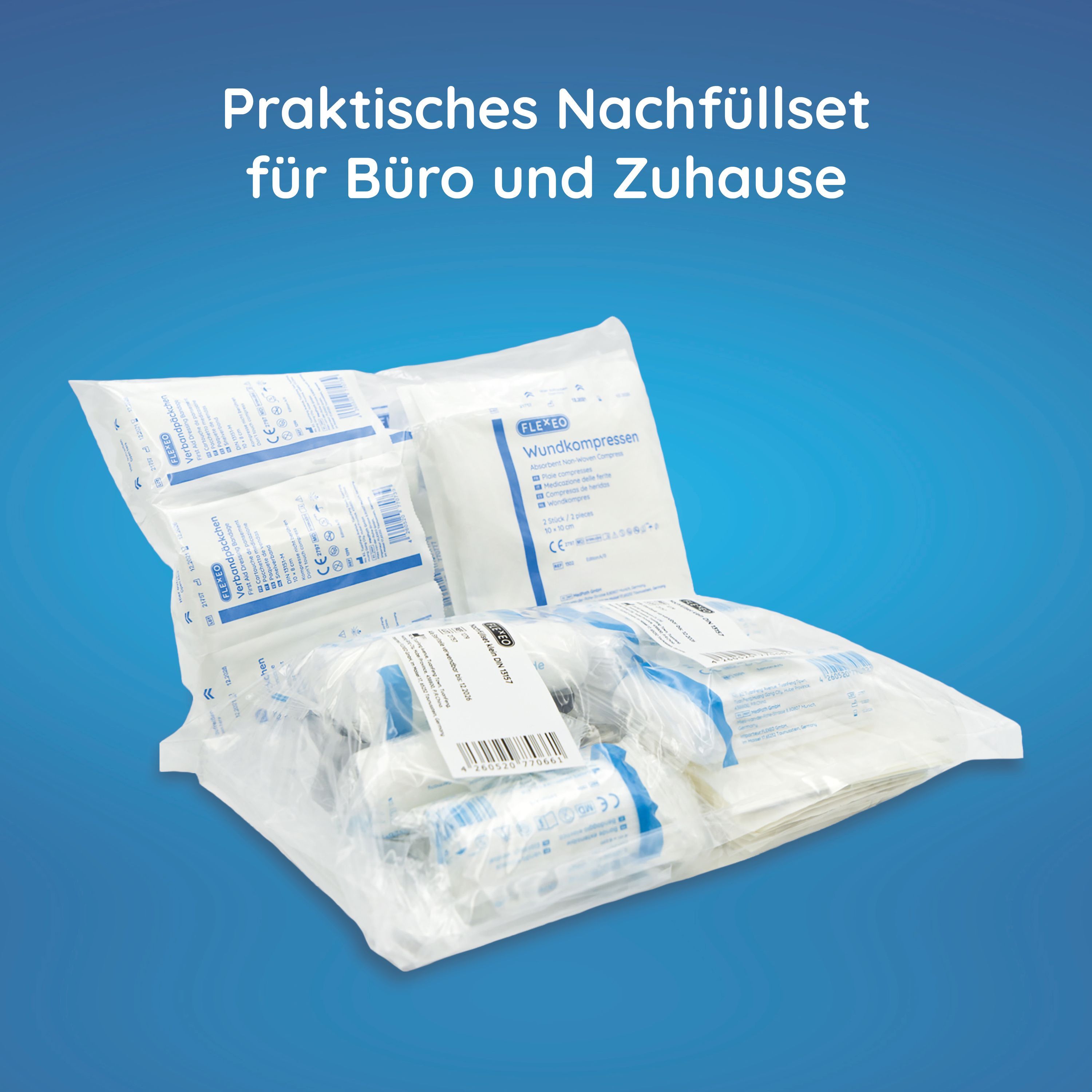 Nachfüllset in Folienverpackung. Enthält verschiedene sterile Verbandsmaterialien. Aufschrift: Wundkompressen.