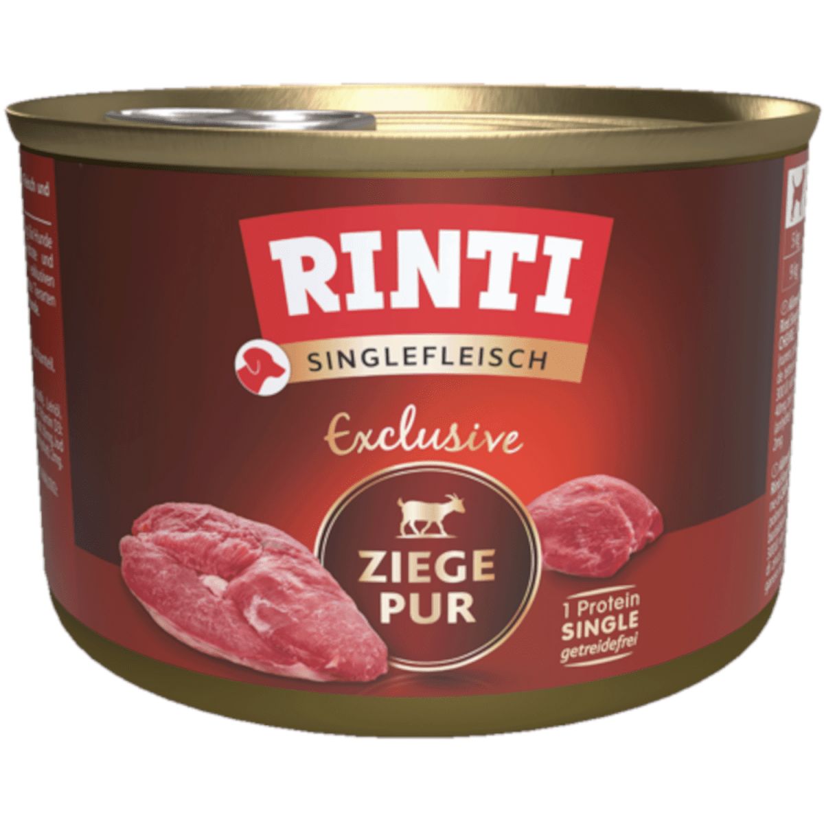 Rinti Singlefleisch Exclusive Ziege Pur Hundefutter in Dose. Zeigt rohes Ziegenfleisch.