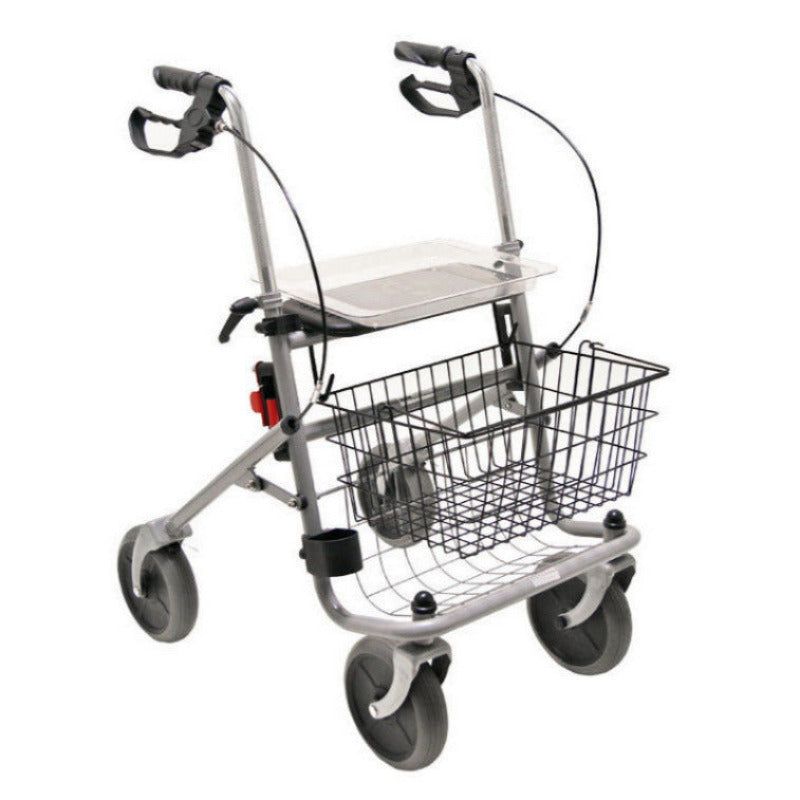 Rollator mit Korb, Tablett und Stockhalterung. Graues Metallgestell, schwarze Räder und Griffe. Korb unter Tablett.