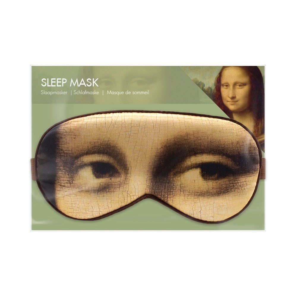 Schlafmaske mit Mona Lisa-Motiv, in Verpackung. Text: Sleep Mask, Schlafmaske, Masque de sommeil.