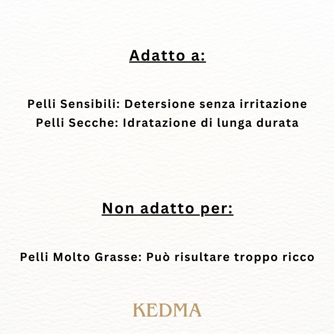 Adatto a: pelli sensibili, pelli secche. Non adatto a: pelli molto grasse. Logo KEDMA.