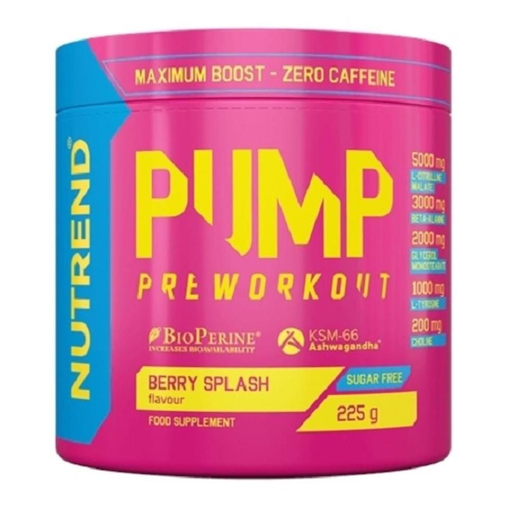 Rosa Dose mit blauem Deckel. Aufschrift PUMP, PREWORKOUT, NUTREND. Text: Berry Splash, Sugar Free, 225 g.