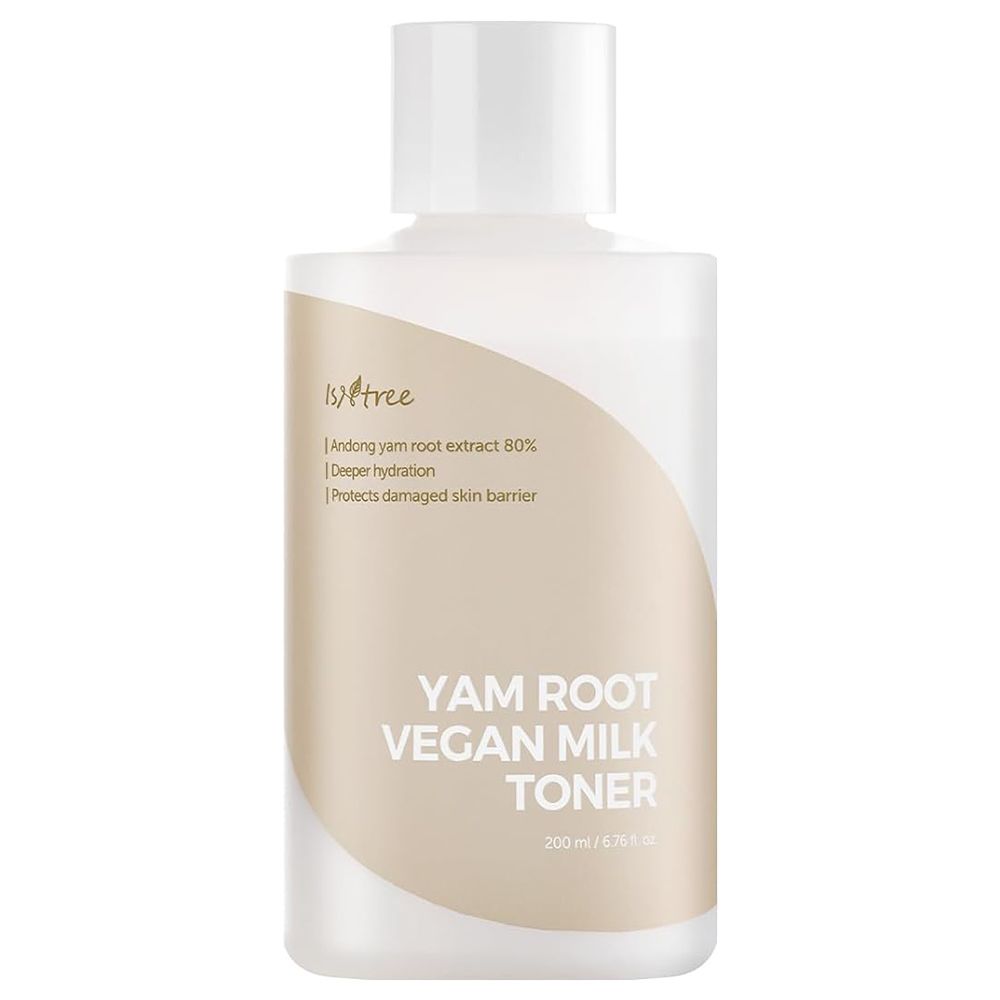 ISNTREE Yam Root Vegan Milk Toner Flasche mit weißem Verschluss. Beige Band mit Text.