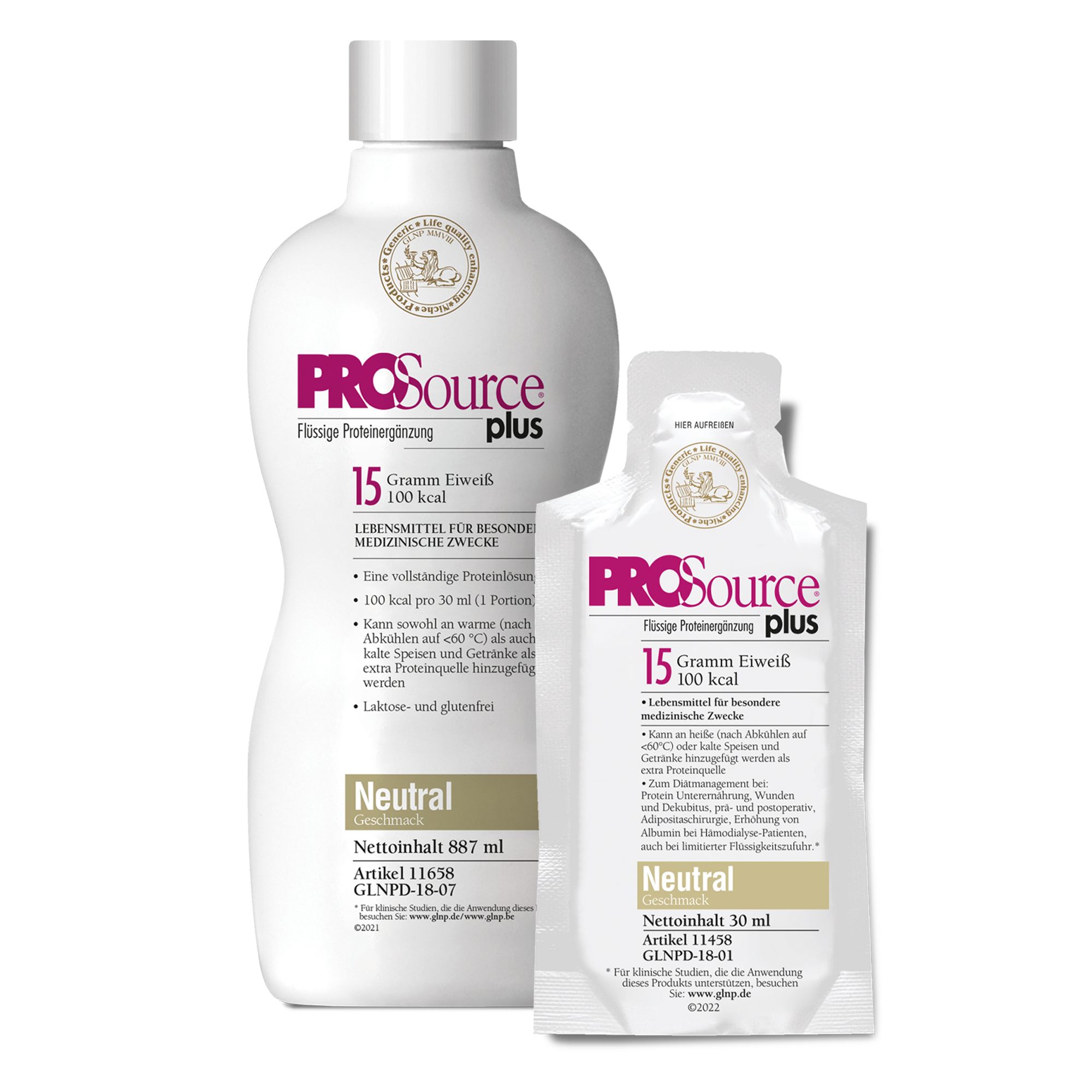 PROSource Plus Neutral, Flasche und Beutel. Text: Flüssig, 15g Eiweiß, 100 kcal, Neutral. Flasche: 887 ml. Beutel: 30 ml.