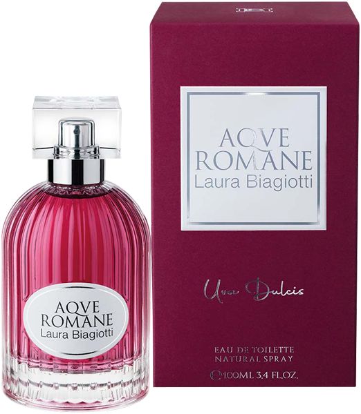 Laura Biagiotti AQVE ROMANE Uva Dulcis Eau de Toilette Flakon und Karton.