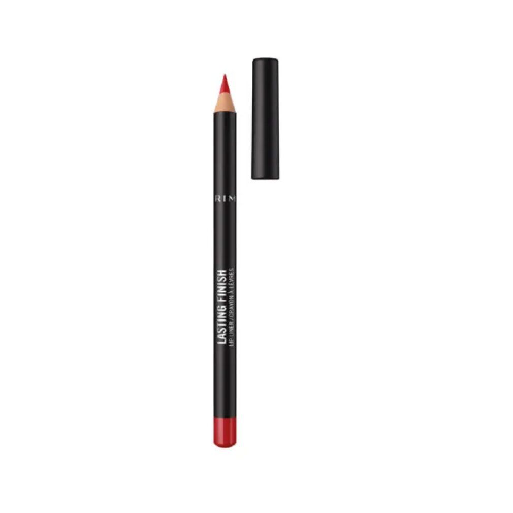 Roter Lipliner mit schwarzem Stift und Kappe. Aufschrift: Lasting Finish. Marke: Rimmel.