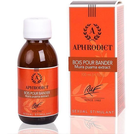 Braune Glasflasche und orangefarbene Verpackung. Aufschrift: APHRODICT, BOIS POUR BANDER, Muira puama extract. Marke: Ruf.