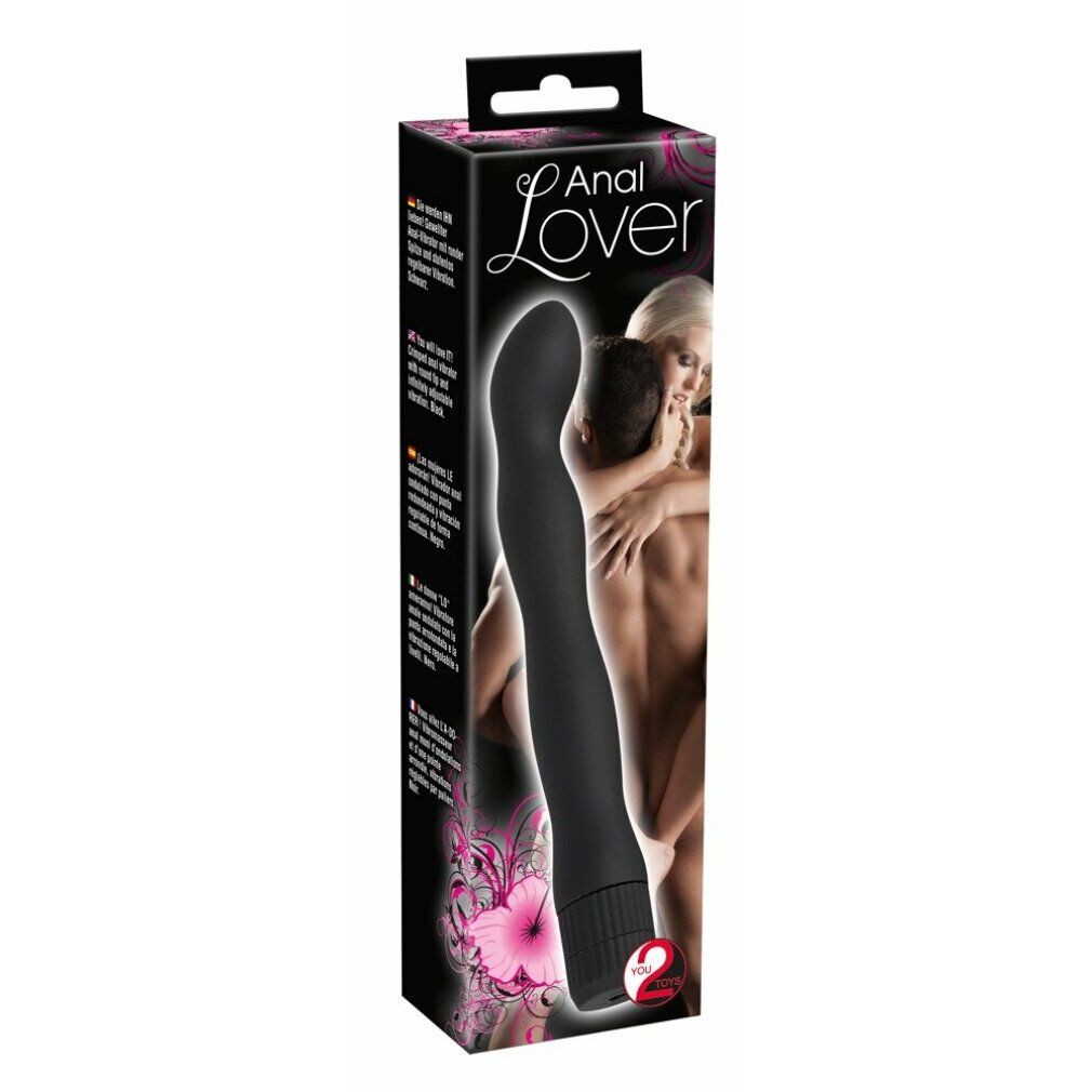 Verpackung mit schwarzem, wellenförmigem Vibrator. Aufschrift 'Anal Lover'. Abbildung eines Paares.