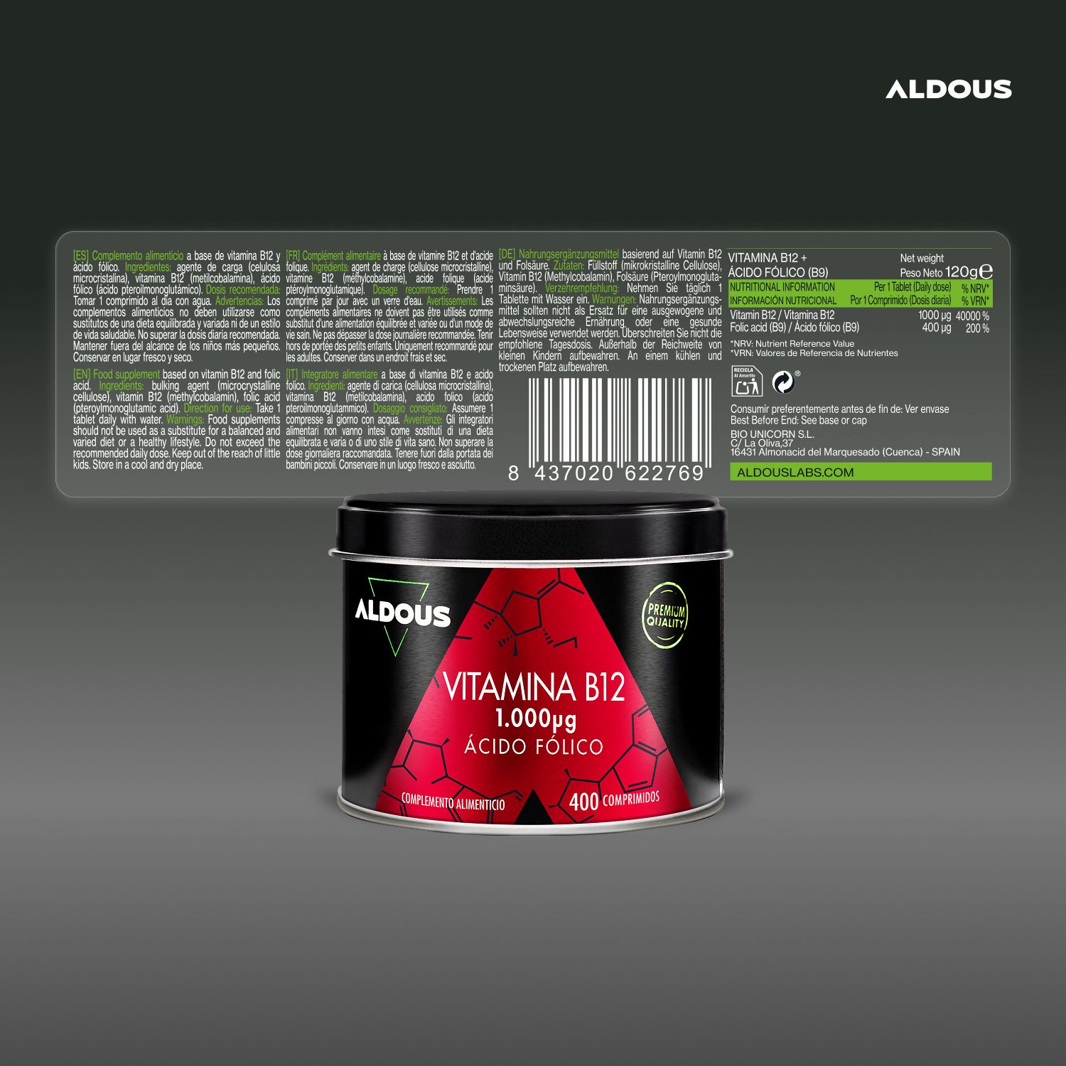 Aldous Vitamina B12 Dose, Etikett mit Barcode und Produktinformationen.