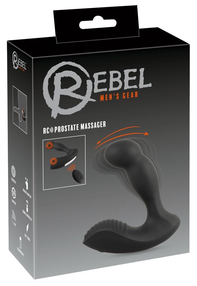 Verpackung von Rebel - RC Prostatamassagegerät. Schwarzer Karton mit Produktbild und Text. Enthält das Gerät und die Fernbedienung.