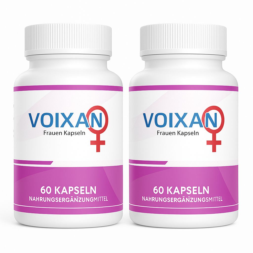 Zwei weiße Flaschen mit Schraubverschluss. Aufschrift: VOIXAN, Frauen Kapseln, 60 Kapseln, Nahrungsergänzungsmittel. Logo mit Frauen-Symbol.