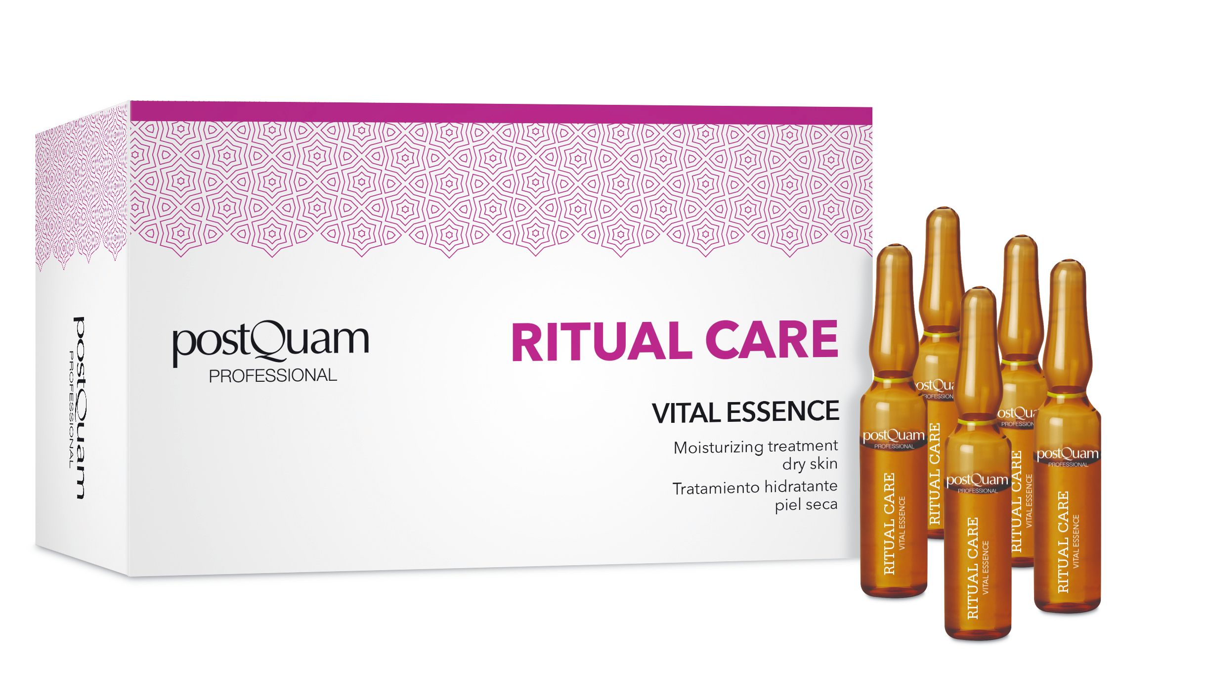 PostQuam Vital Essence. Karton mit Ampullen. Aufschrift: Ritual Care, Vital Essence, Moisturizing treatment dry skin.