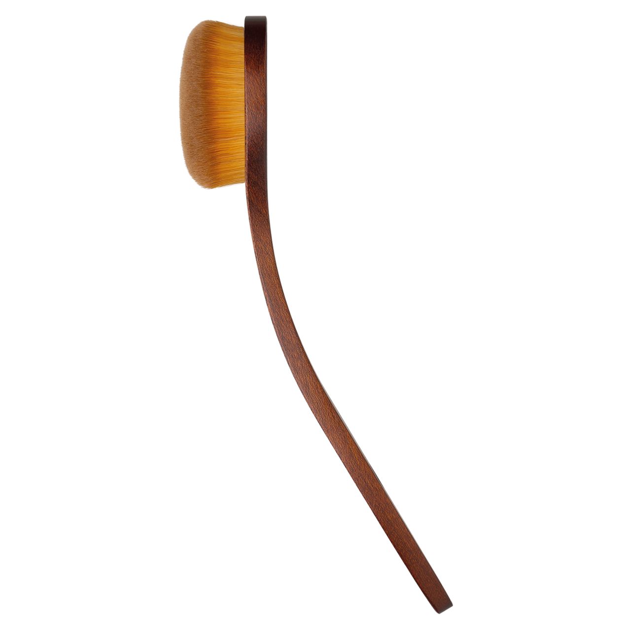 Pinsel mit braunem Holzgriff und ovalem Pinselkopf. Der Griff ist gebogen.