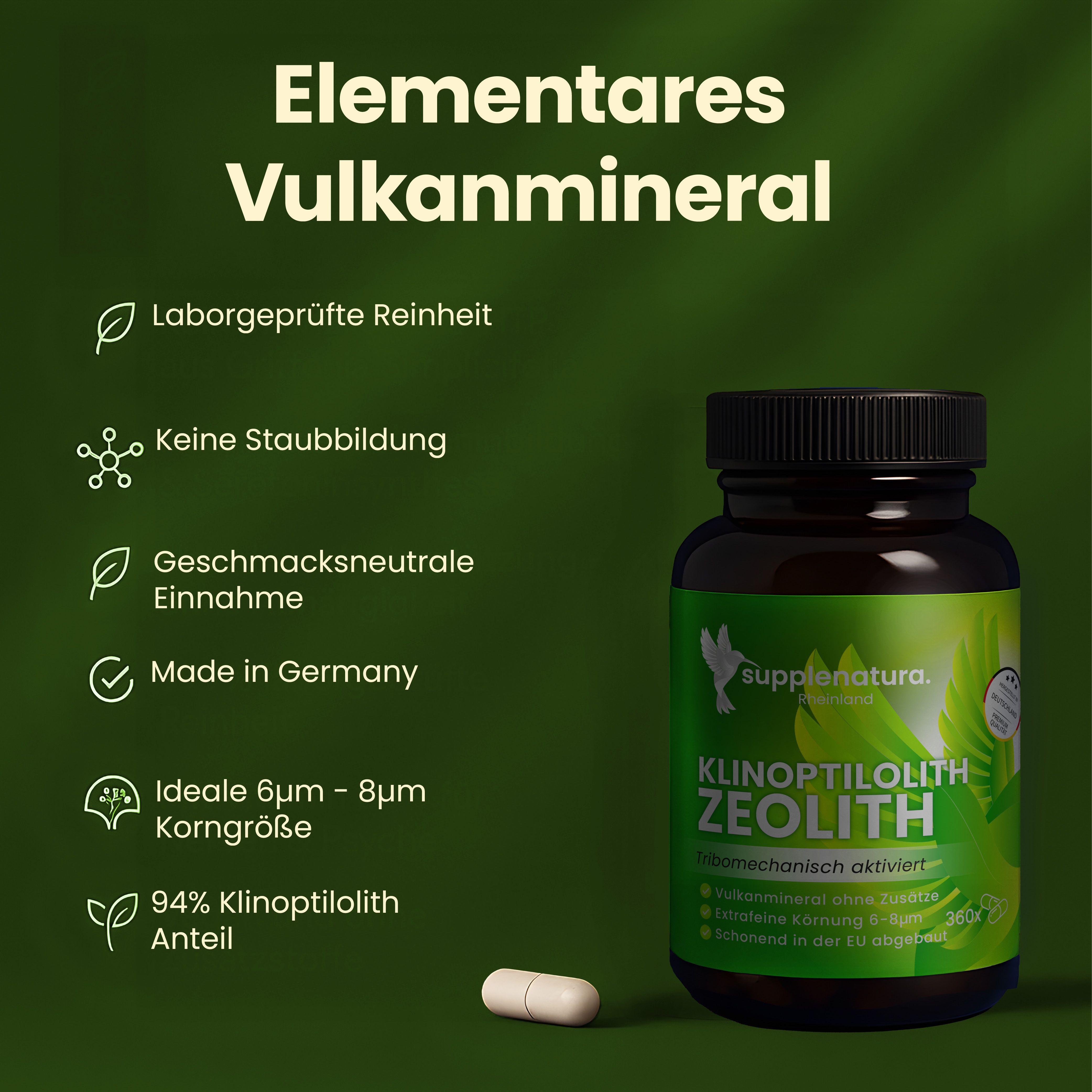 Braune Flasche mit Kapsel daneben. Text: Elementares Vulkanmineral. Made in Germany. Klinoptilolith Zeolith, tribomechanisch aktiviert.