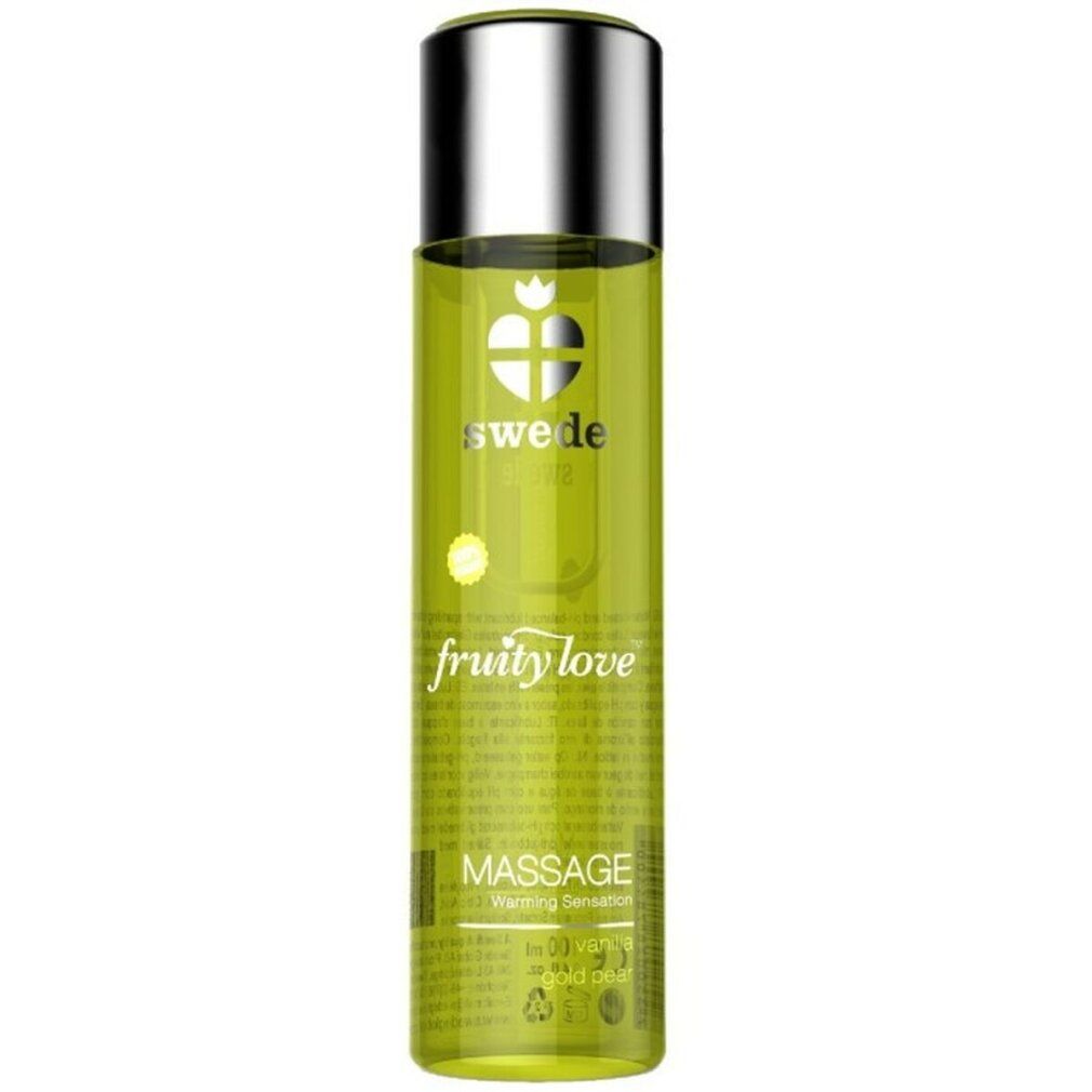 Grüne Flasche mit silbernem Deckel. Aufschrift: Swede, Fruity Love, Massage.