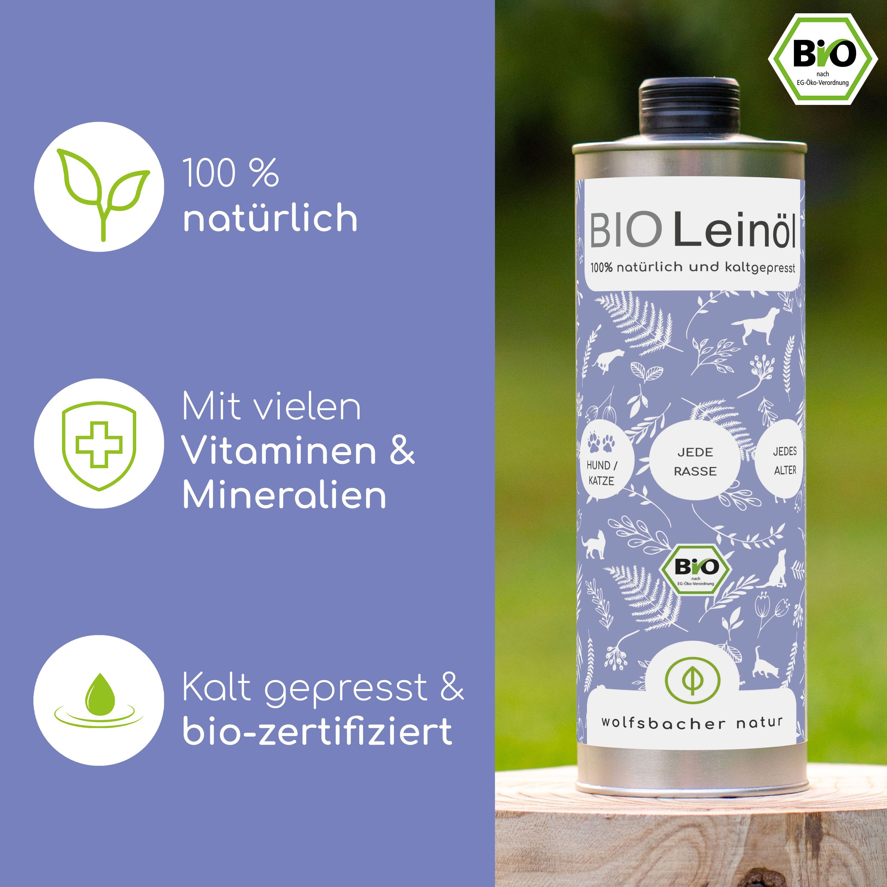 Bio Leinöl-Flasche. Text: 100% natürlich, mit Vitaminen & Mineralien, kalt gepresst & bio-zertifiziert. Bio-Zertifizierung. Im Hintergrund: grüner Rasen.