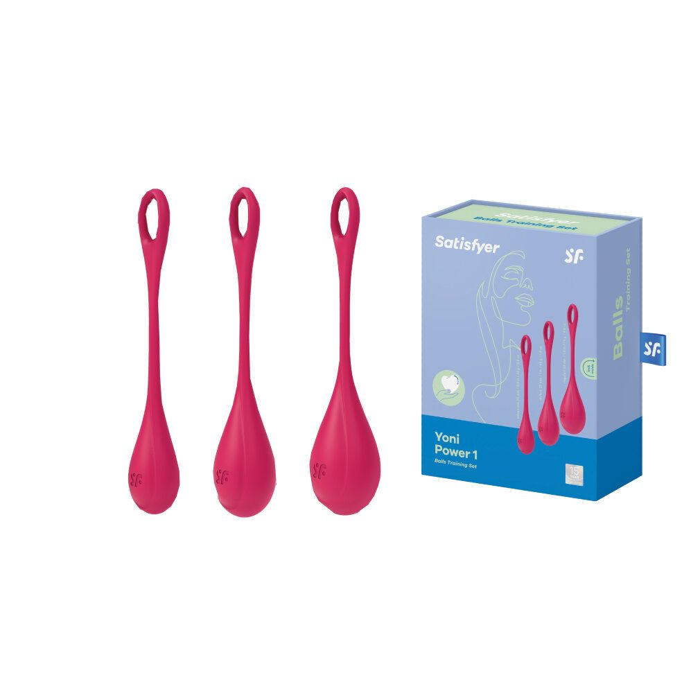 Drei pinke Yoni Kugeln und ihre Verpackung Satisfyer Yoni Power 1.