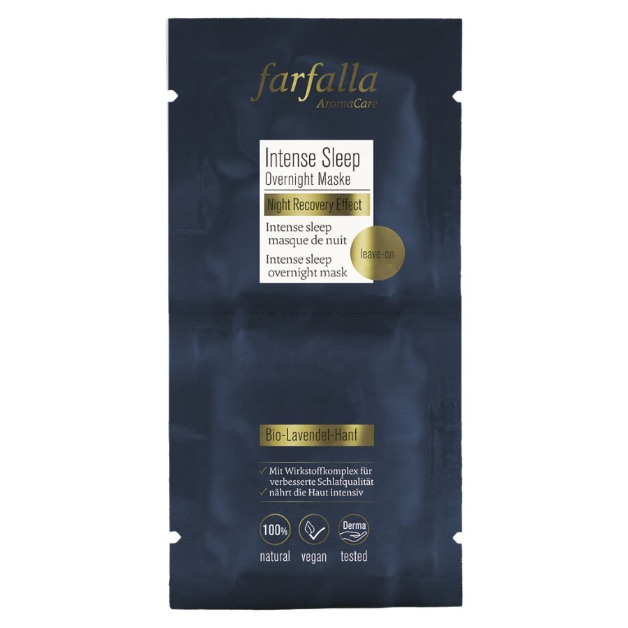 Dunkelblaue Verpackung mit Produktinformationen. Enthält 'Intense Sleep Overnight Maske' und 'Bio-Lavendel'. Zertifizierungen: 100% natural, vegan, tested.