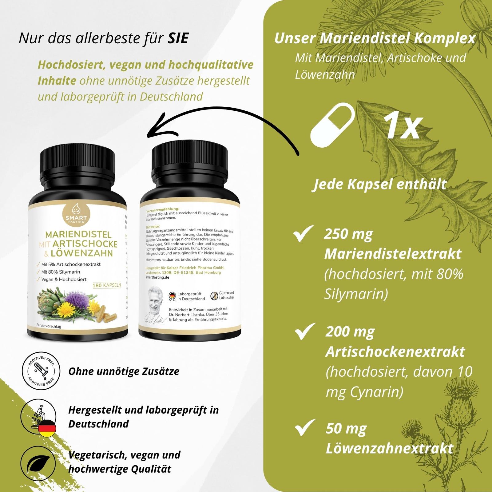 Zwei schwarze Flaschen mit weißen Etiketten. Auf den Etiketten steht Mariendistel, Artischocke & Löwenzahn. Vegetarisch, vegan und hochwertige Qualität.