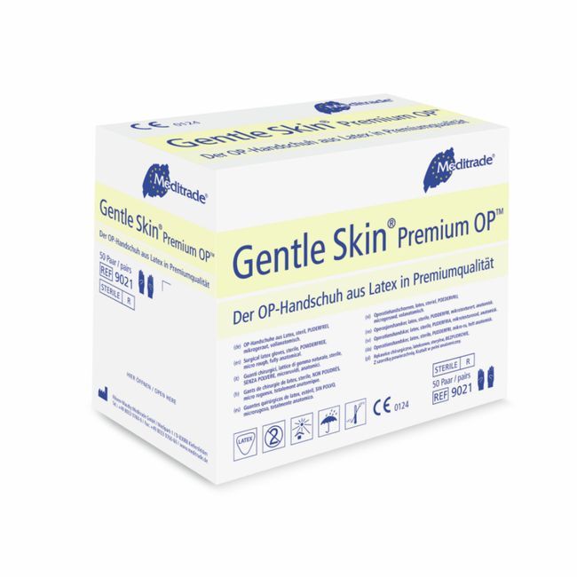 Weiße Kartonverpackung mit Produktnamen Gentle Skin Premium OP. Marke Meditrade. Enthält OP-Handschuhe aus Latex in Premiumqualität.