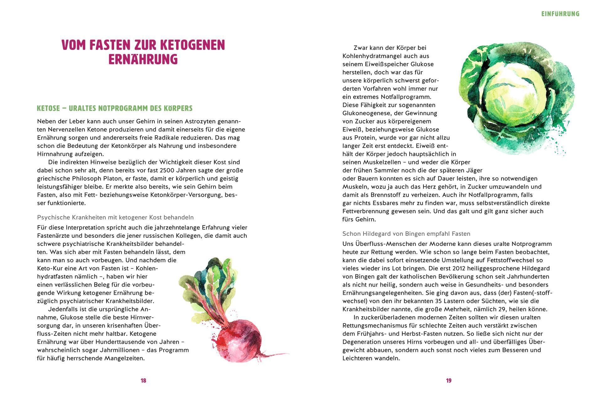 Buchseite mit Text und Illustrationen. Titel: VOM FASTEN ZUR KETOGENEN ERNÄHRUNG. Text in deutscher Sprache. Abbildung von Gemüse.