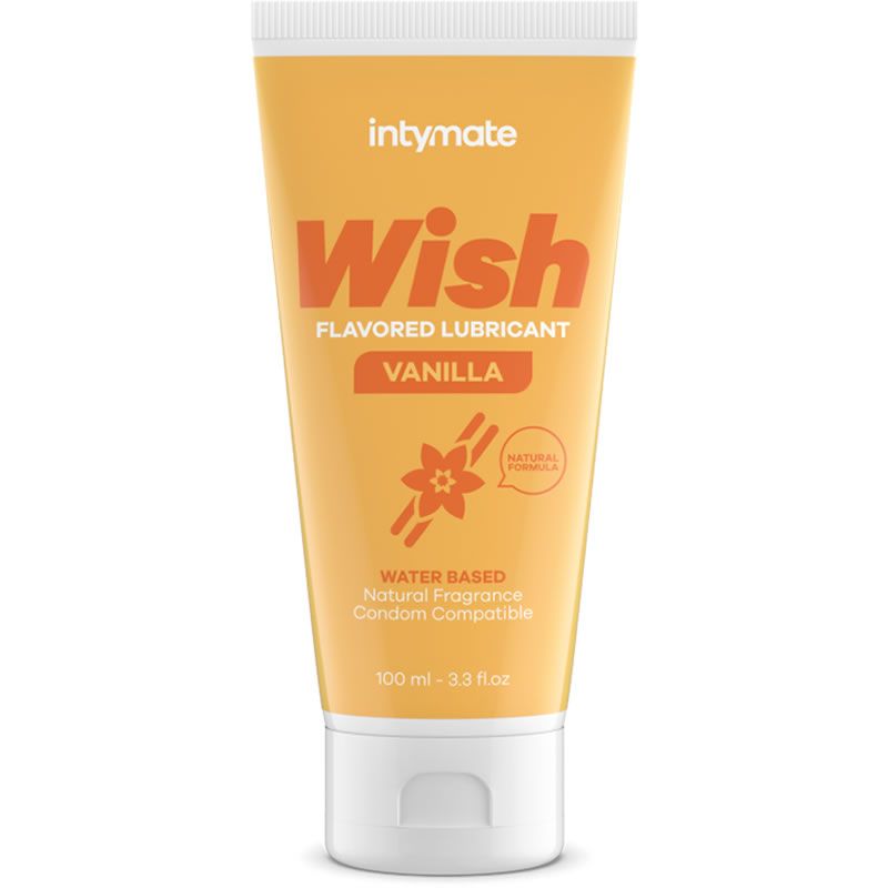 Tube mit Produktbezeichnung Intymate Wish Vanilla. Aufschrift: Flavored Lubricant, Vanilla, Natural Formula, Water Based, Natural Fragrance.