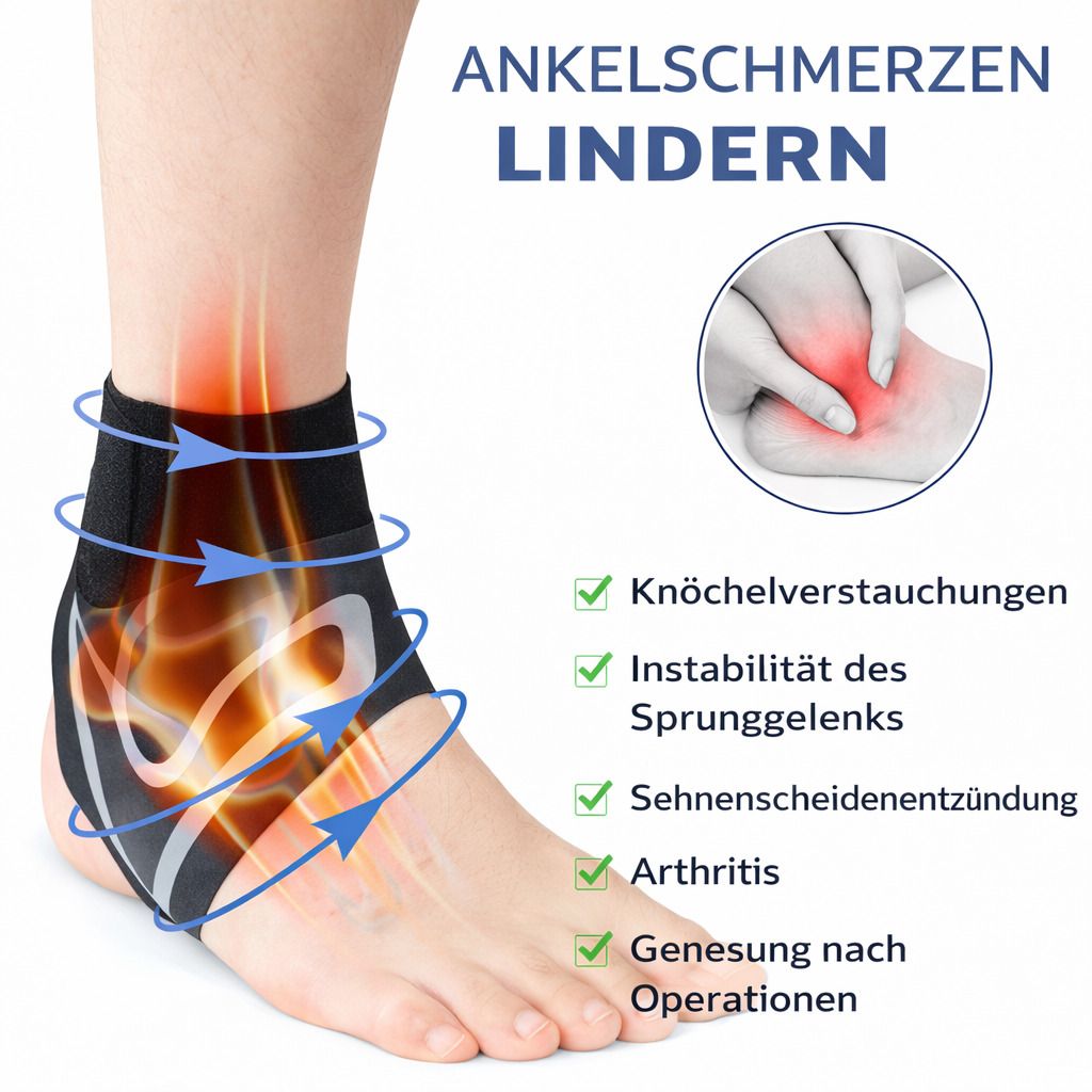 Knöchelbandage am Fuß. Text: Knöchelverstauchungen, Instabilität, Sehnenentzündung, Arthritis, Genesung.