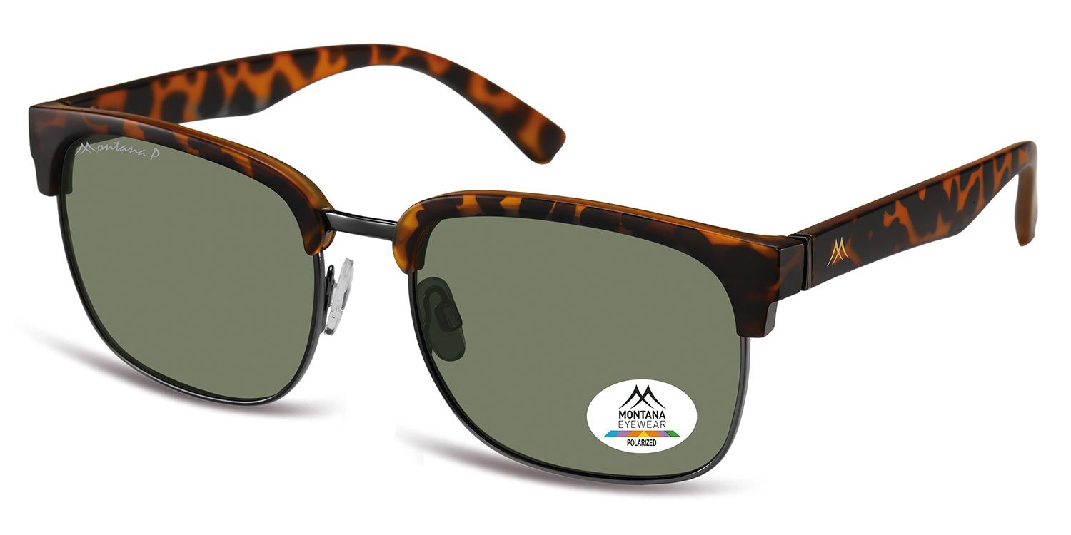 Sonnenbrille mit braunem Rahmen und grünen Gläsern. Logo und Markennamen auf dem Bügel. Aufkleber.