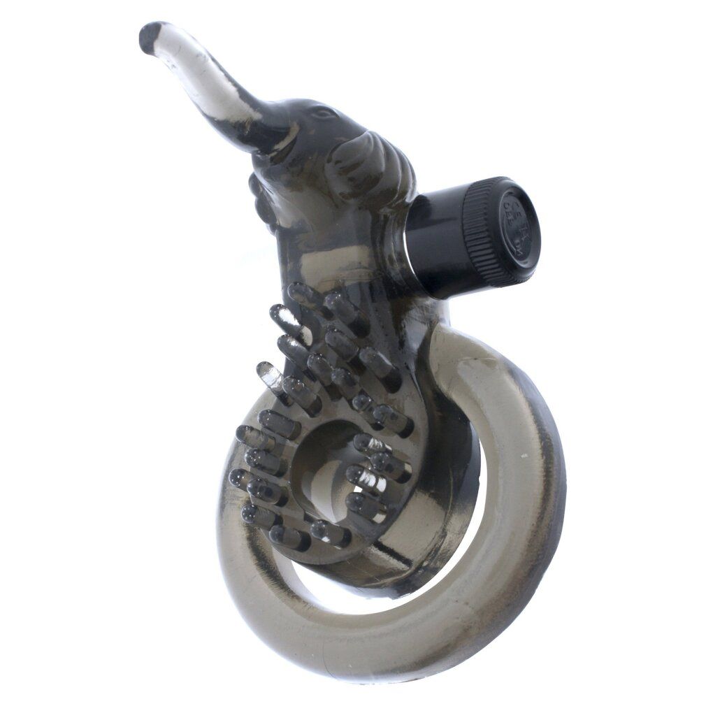 Transparentes Cock & Ball Ring Elephant. Elefantenkopf-Design, Noppen, Ring. Schwarzer Vibrator-Aufsatz. Detailansicht.