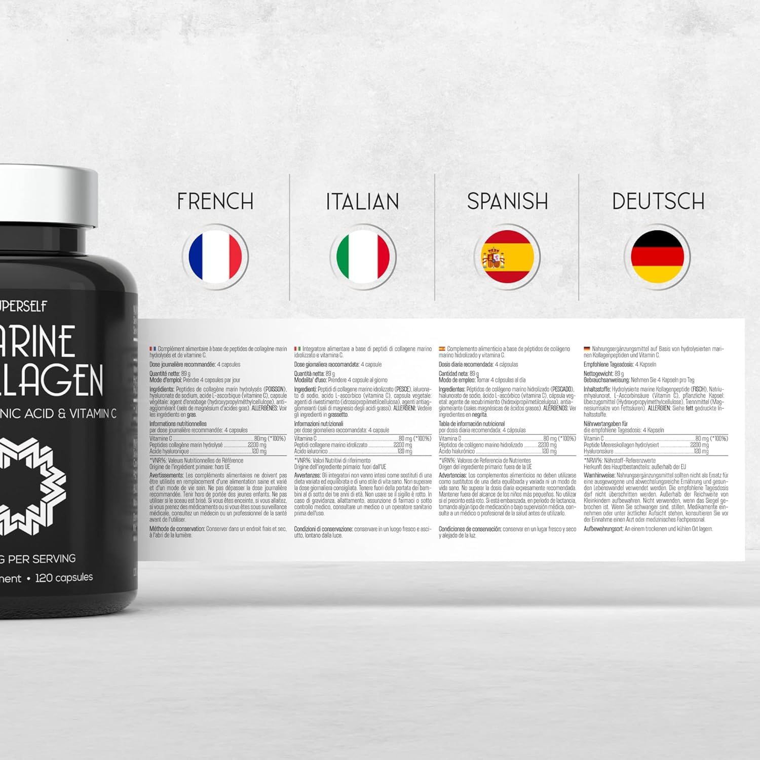 Schwarze Flasche mit Kapseln. Text: SUPERSELF MARINE KOLLAGEN. Flaggen: Frankreich, Italien, Spanien, Deutschland. Text: Inhaltsstoffe, Nährwerte.