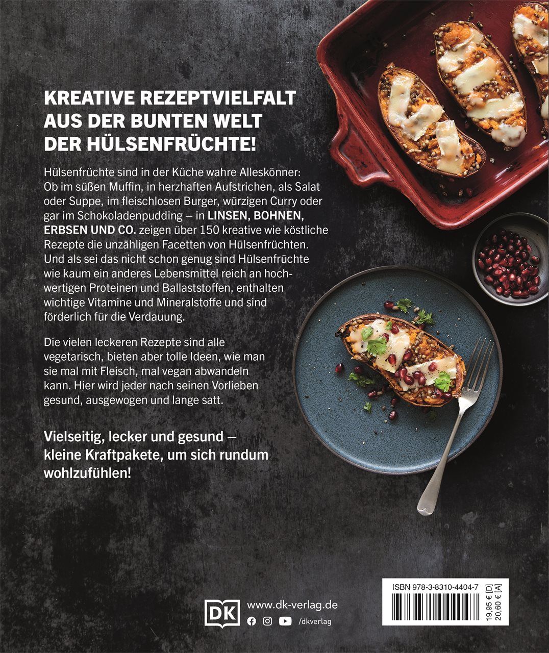 Rückseite des Kochbuchs "Linsen, Bohnen, Erbsen und Co.". Text über Hülsenfrüchte und Rezepte. ISBN-Code.