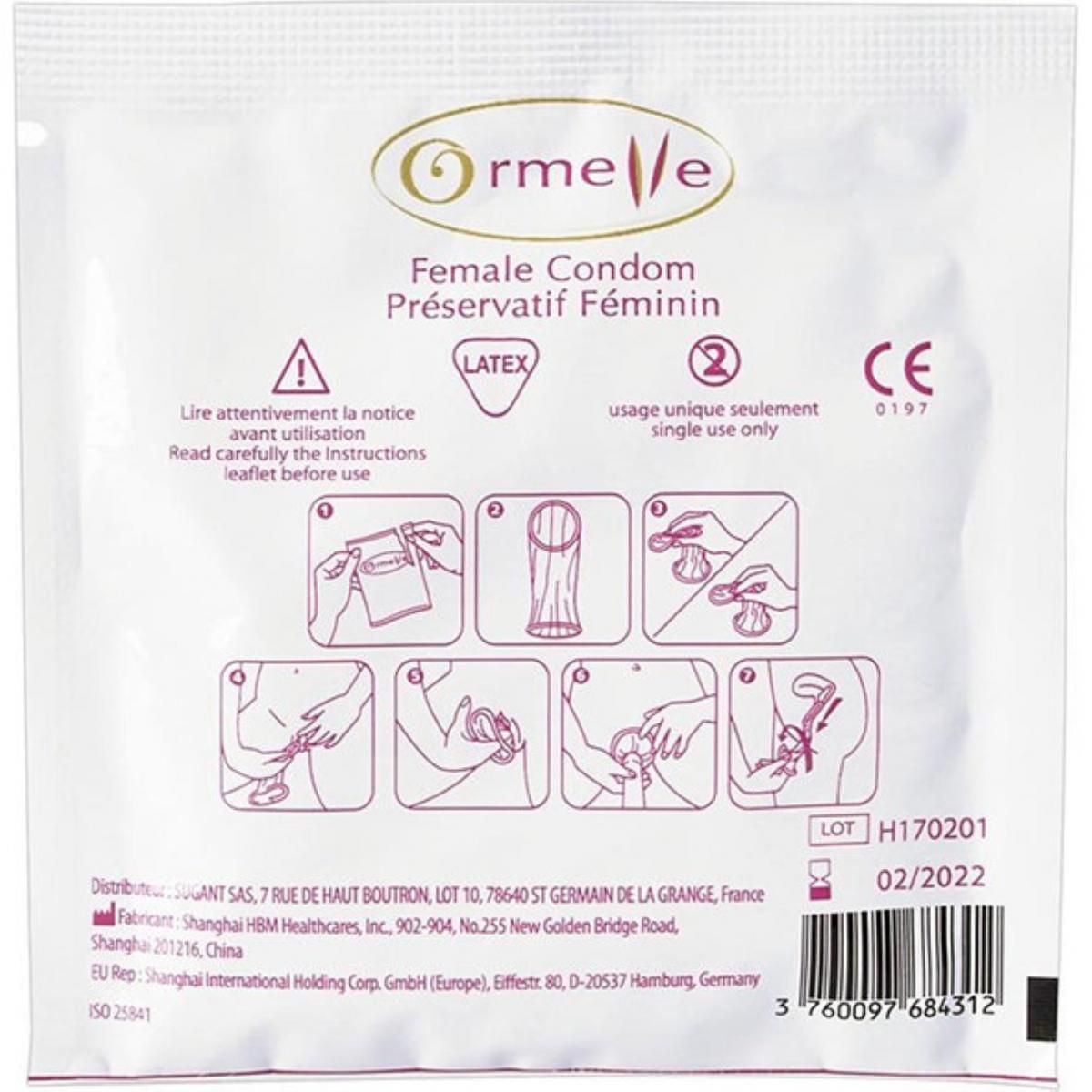 Verpackung eines Ormelle-Kondoms. Text: Female Condom, Latex, Gebrauchsanweisung, CE-Kennzeichnung, Einzelverpackung, Chargennummer.