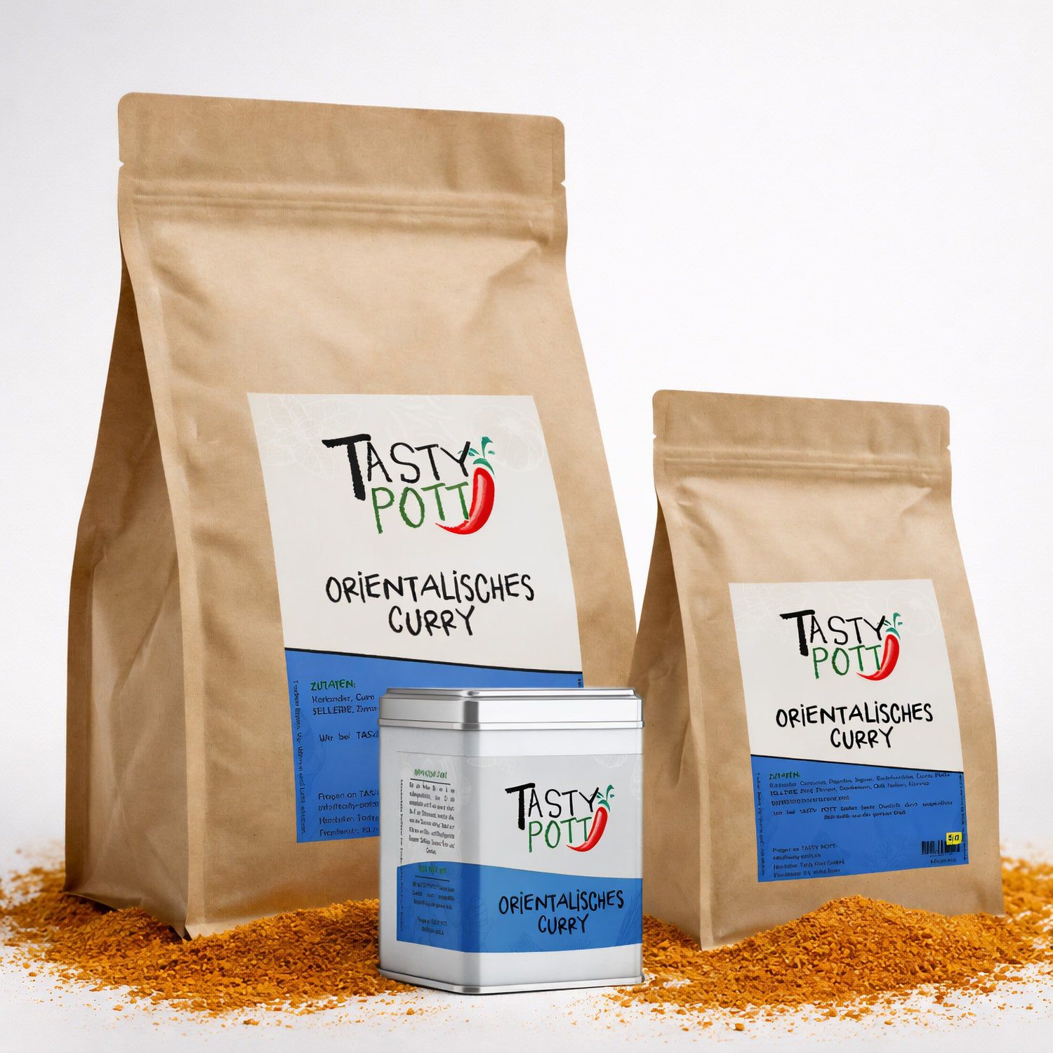 Zwei braune Papiertüten und eine silberne Dose mit orientalischem Curry von Tasty Pott.