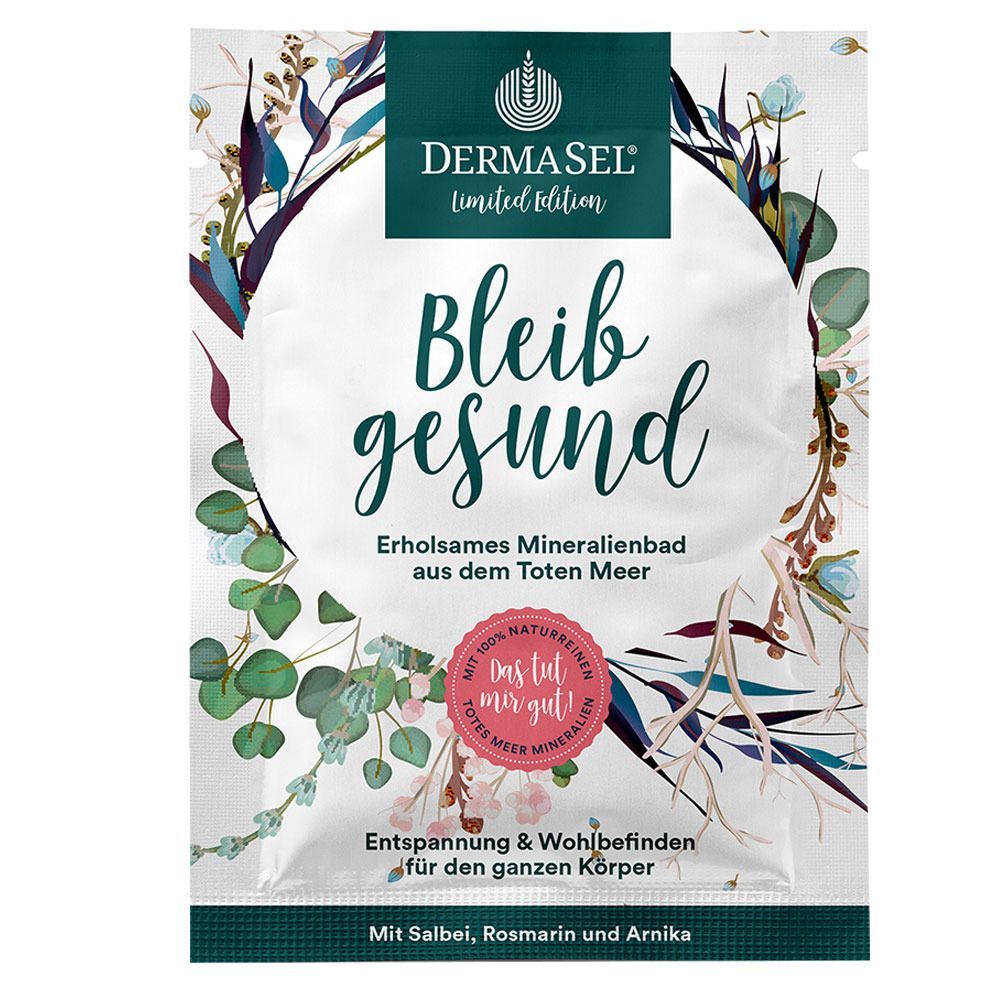 Verpackung "DERMASEL Bleib gesund". Text: "Erholsames Mineralbad aus dem Toten Meer". Floral-Design, grüne und blaue Farbtöne.
