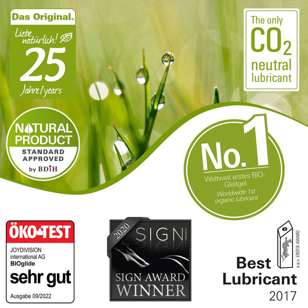 BIOglide Gel-Tube. Aufschrift: 25 Jahre, CO2 neutral, BDIH, ÖKO-TEST, Sign Award Winner, Best Lubricant.