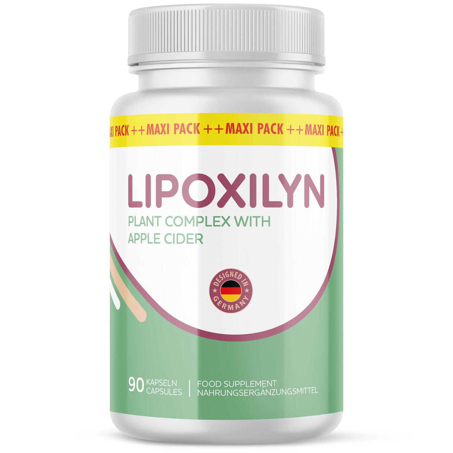 Weiße Flasche mit grüner und weißer Beschriftung. Aufschrift: LIPOXILYN, 90 Kapseln, Plant Complex with Apple Cider. Mit Deutschland-Siegel.